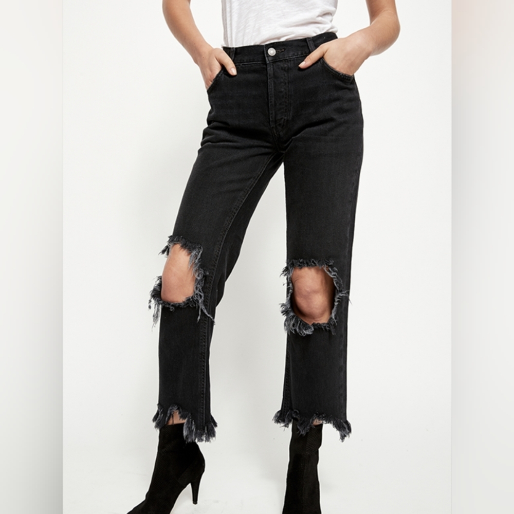 We The Free Black Distressed Straight Leg Jeans